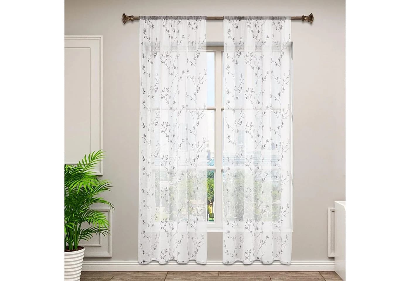Woltu Gardine 2 St. Halbtransparent Transparent Stickerei Leinenoptik - Bild 2