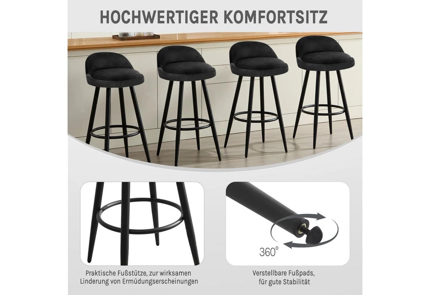 Woltu Barhocker Set 2 St. Schwarz Samt Metall - Bild 4