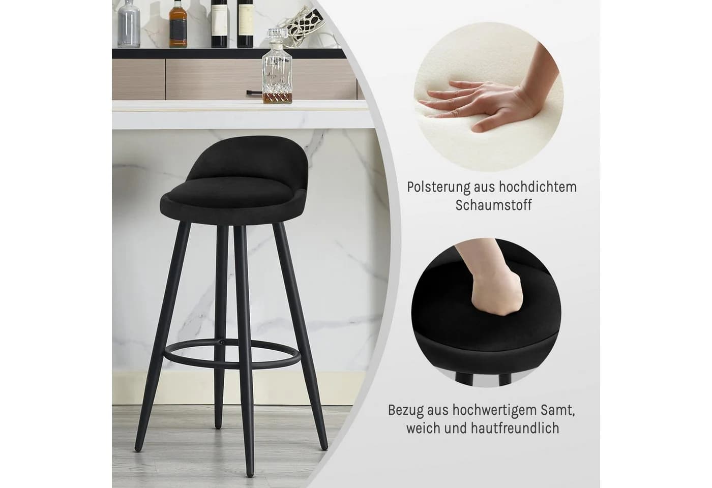 Woltu Barhocker Set 2 St. Schwarz Samt Metall - Bild 5