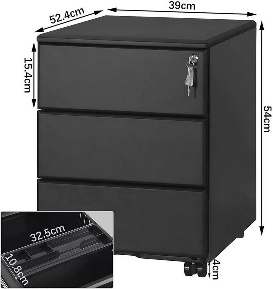 Woltu Rollcontainer Metall Aktenschrank 3 Schubladen Schwarz - Bild 3