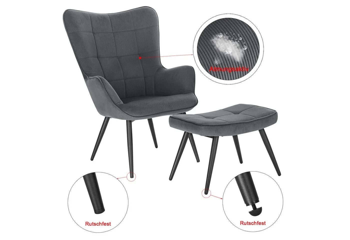 Woltu Polsterstuhl mit Hocker Dunkelgrau Cordsamt - Bild 5
