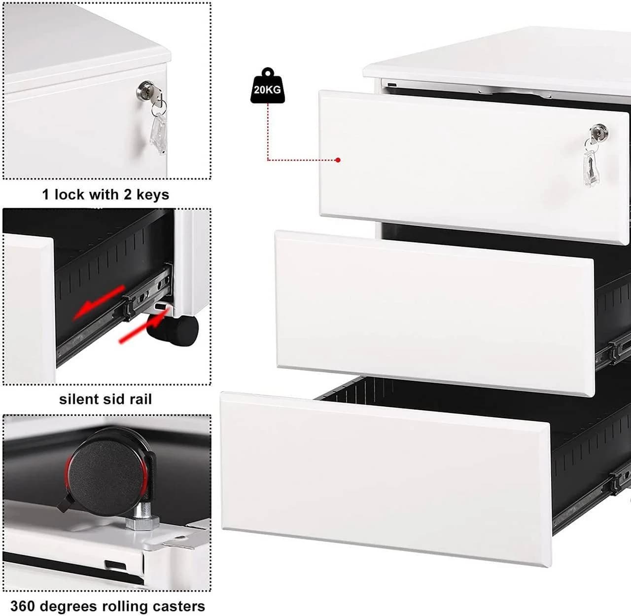 Woltu Rollcontainer Metall Büroschrank 3 Schubladen Schwarz/Weiß - Bild 4