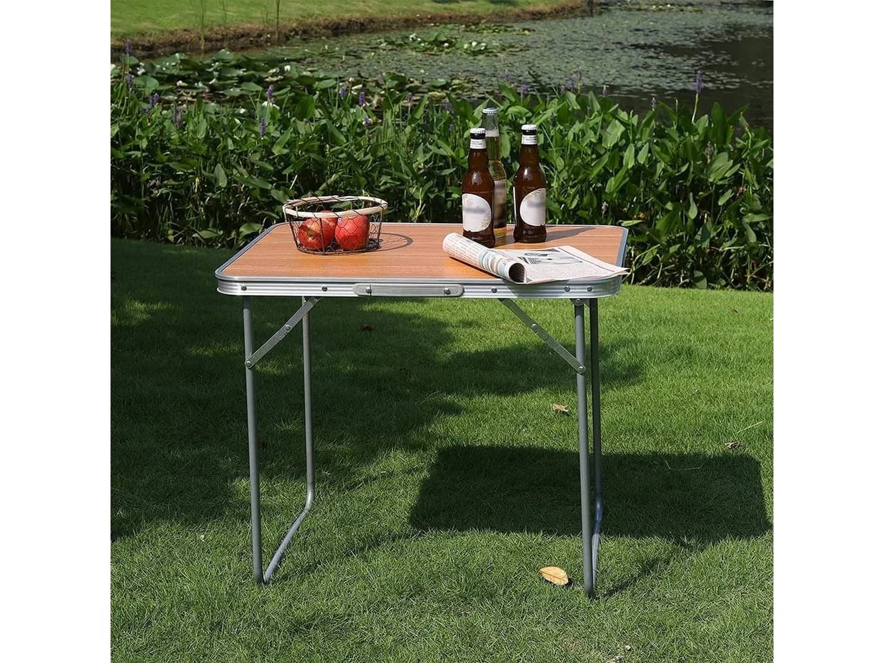 Woltu Campingtisch Klappbar mit Griff Alu MDF Schwarz/Grau/Eiche