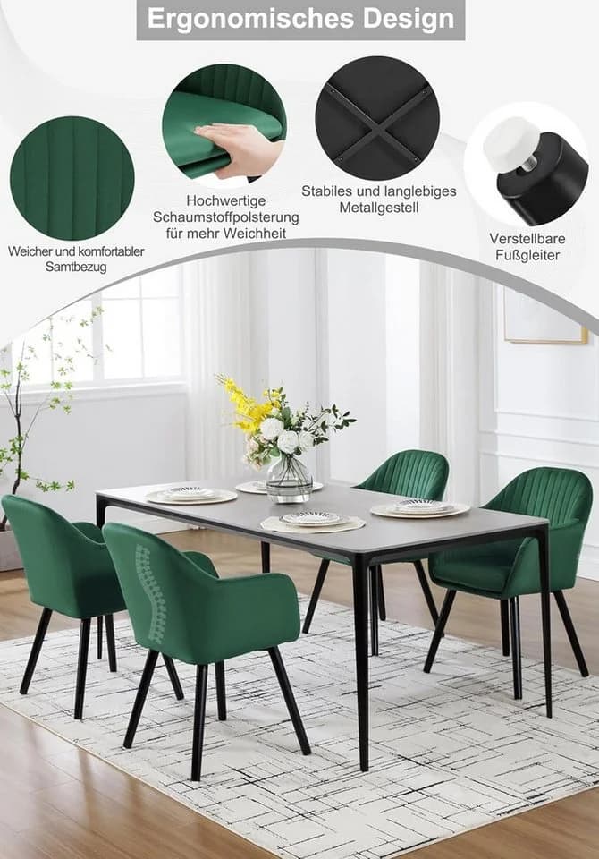 Woltu Esszimmerstuhl 4er Set Samt Massivholz mit Armlehne Grün/Schwarz - Bild 5