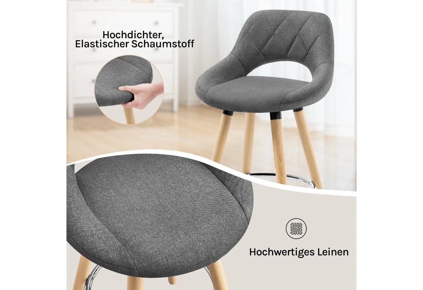 Woltu Barhocker mit Lehne und Fußstütze - Grau Leinen Massivholz - Bild 3