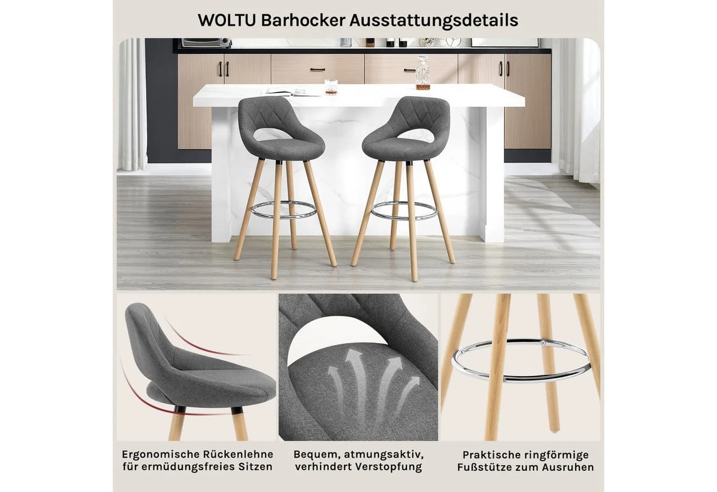 Woltu Barhocker mit Lehne und Fußstütze - Grau Leinen Massivholz - Bild 4