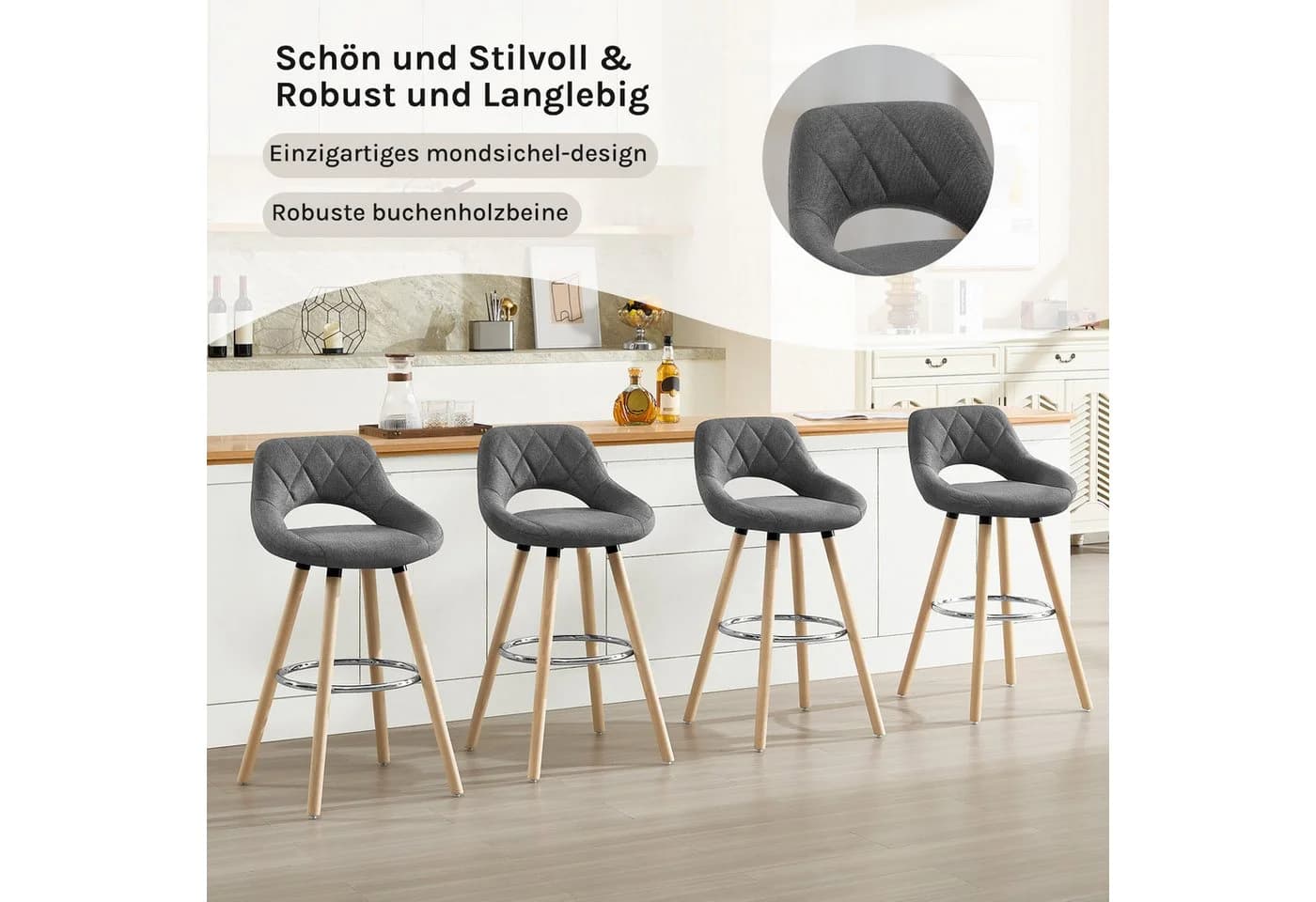 Woltu Barhocker mit Lehne und Fußstütze - Grau Leinen Massivholz - Bild 5