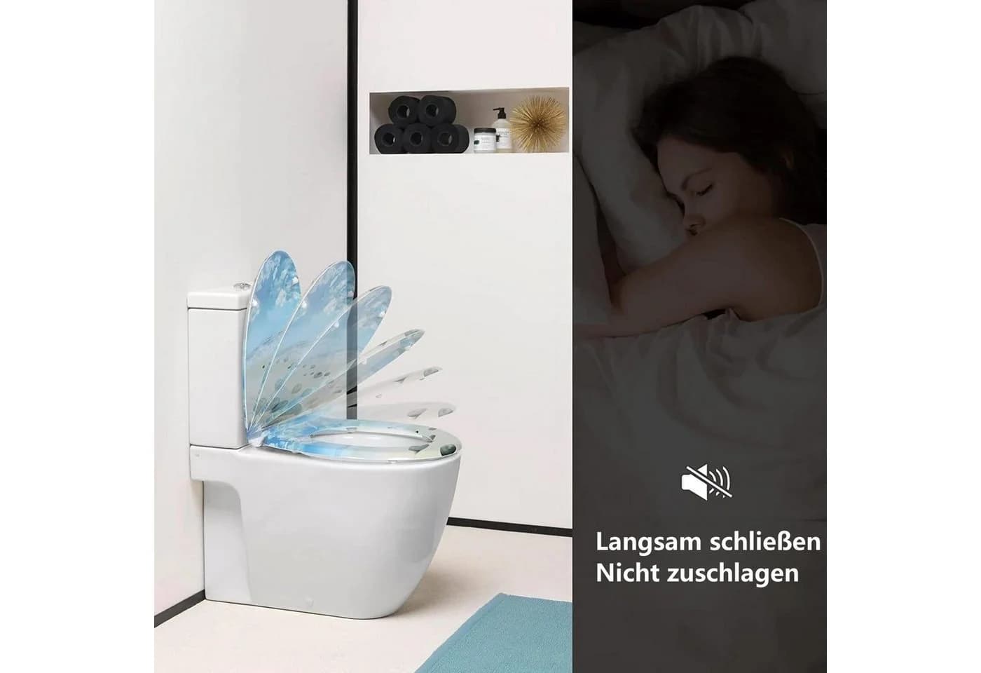 Woltu WC-Sitz mit Absenkautomatik Blau/Weiß Duroplast