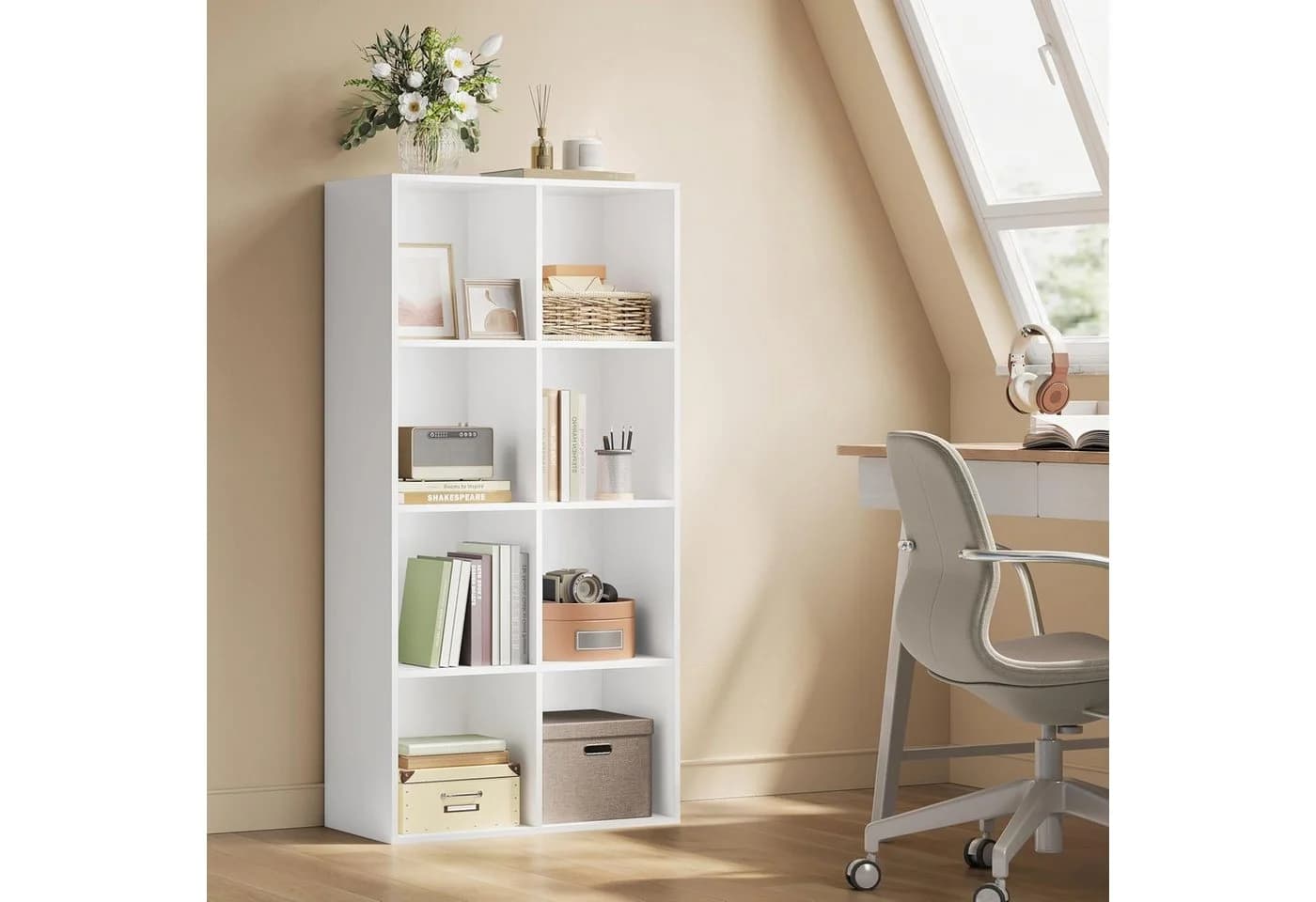Woltu Bücherregal Weiß 8 Fächer MDF Büroregal Aktenschrank