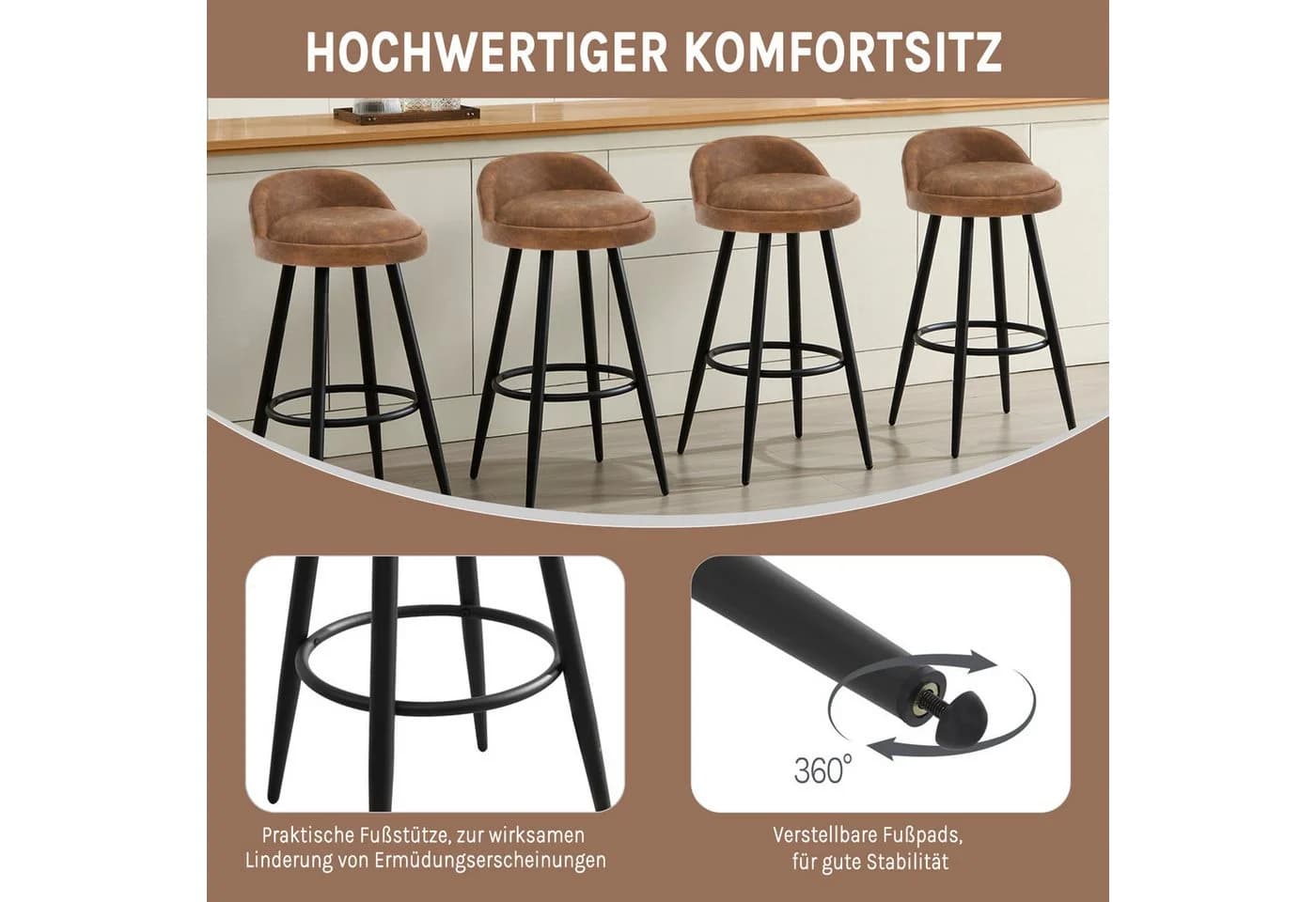 Woltu Barhocker Kunstleder Braun - Bild 4
