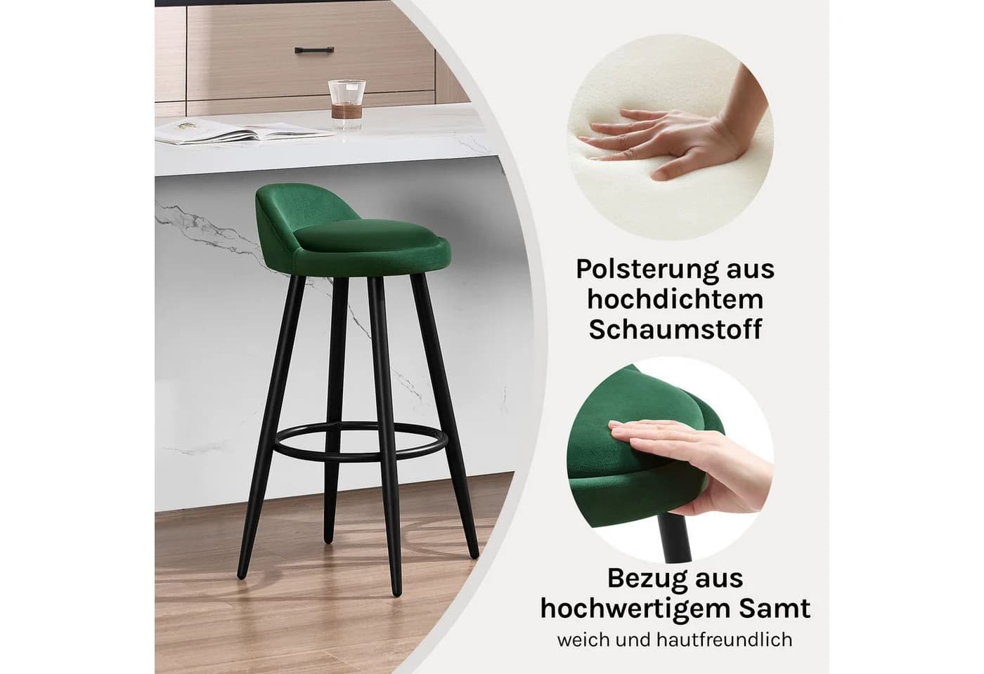 Woltu Barhocker Set 2 Stuhl Schwarz Samt Metall - Bild 5
