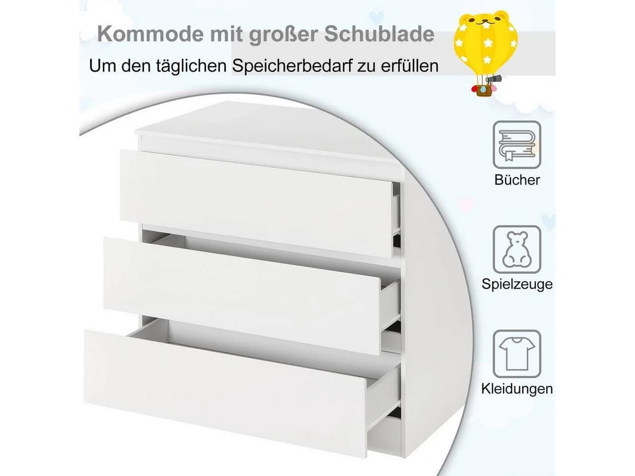 Woltu Wickelkommode mit 3 Schubladen Hochglanz Weiß - Bild 4
