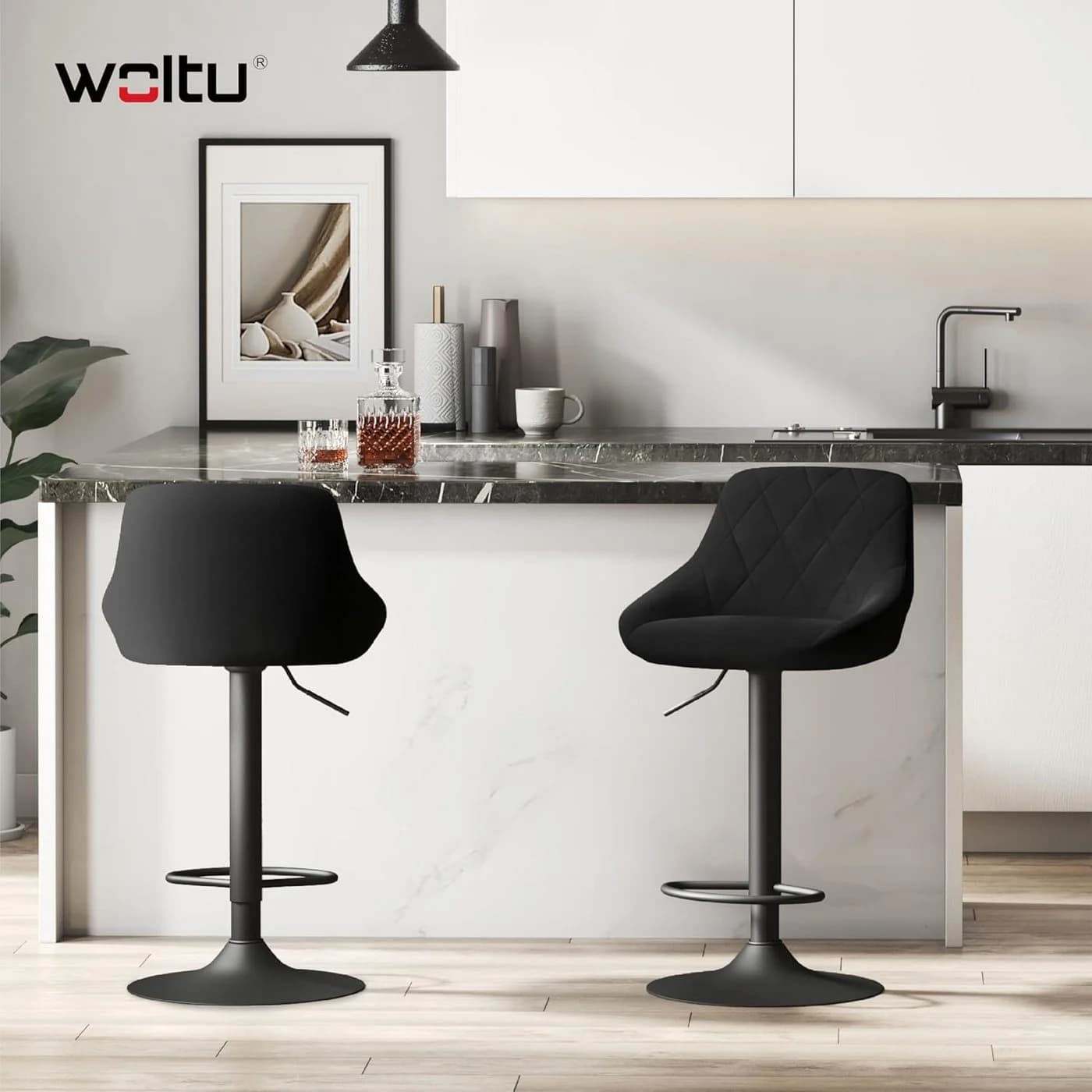 Woltu Barhocker 4er Set Schwarz Samt Höhenverstellbar Drehbar