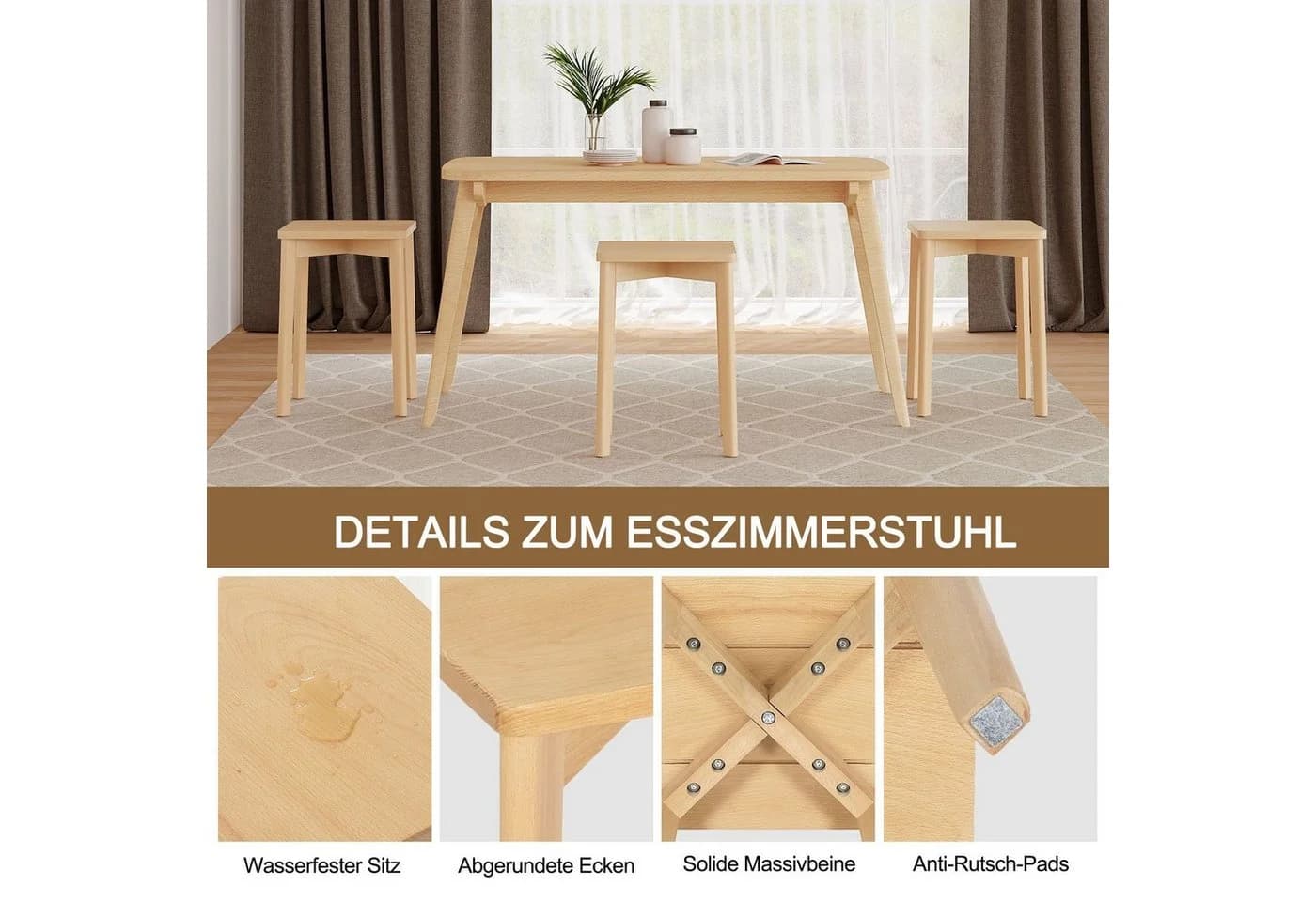 Woltu Esszimmerstuhl Massivholz Stapelbar Ohne Lehne Sitzhocker - Bild 5