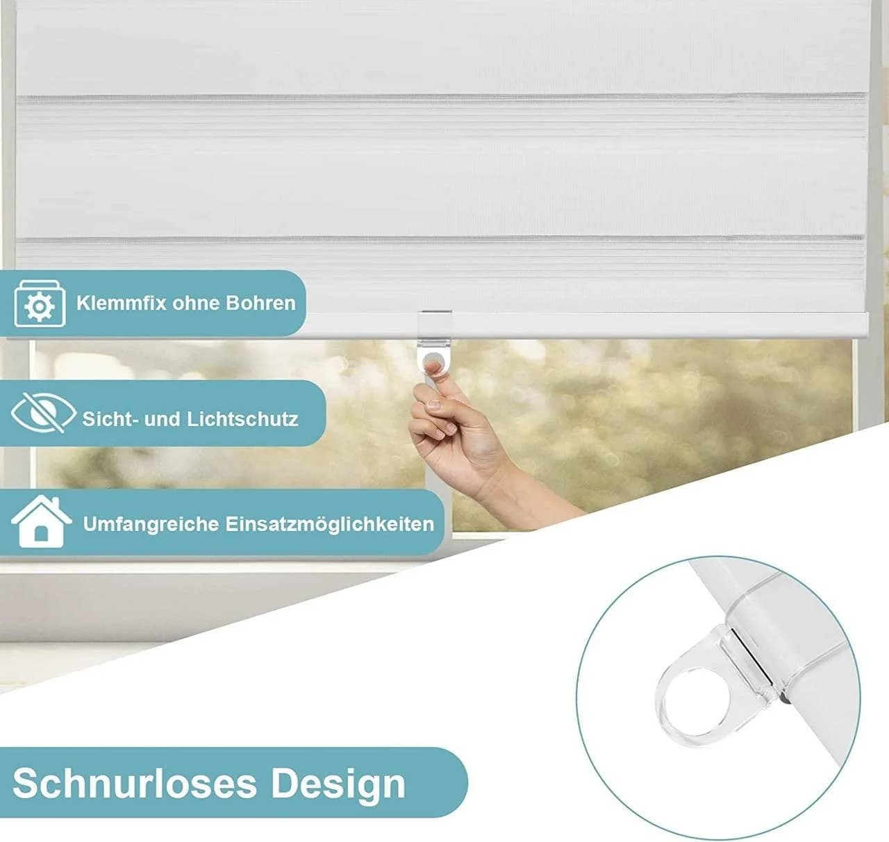 Woltu Doppelrollo Weiß Schnurlos Verdunkelnd Klemmfix