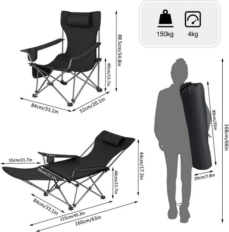 Woltu Campingstuhl Schwarz Klappbar mit Verstellbarer Rückenlehne - Bild 3