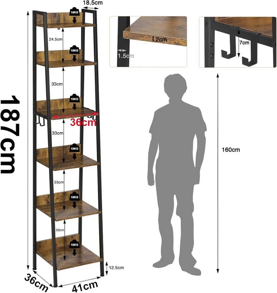 Woltu Standregal 6 Ebenen 4 Haken Dunkle Eiche Schwarz - Bild 3