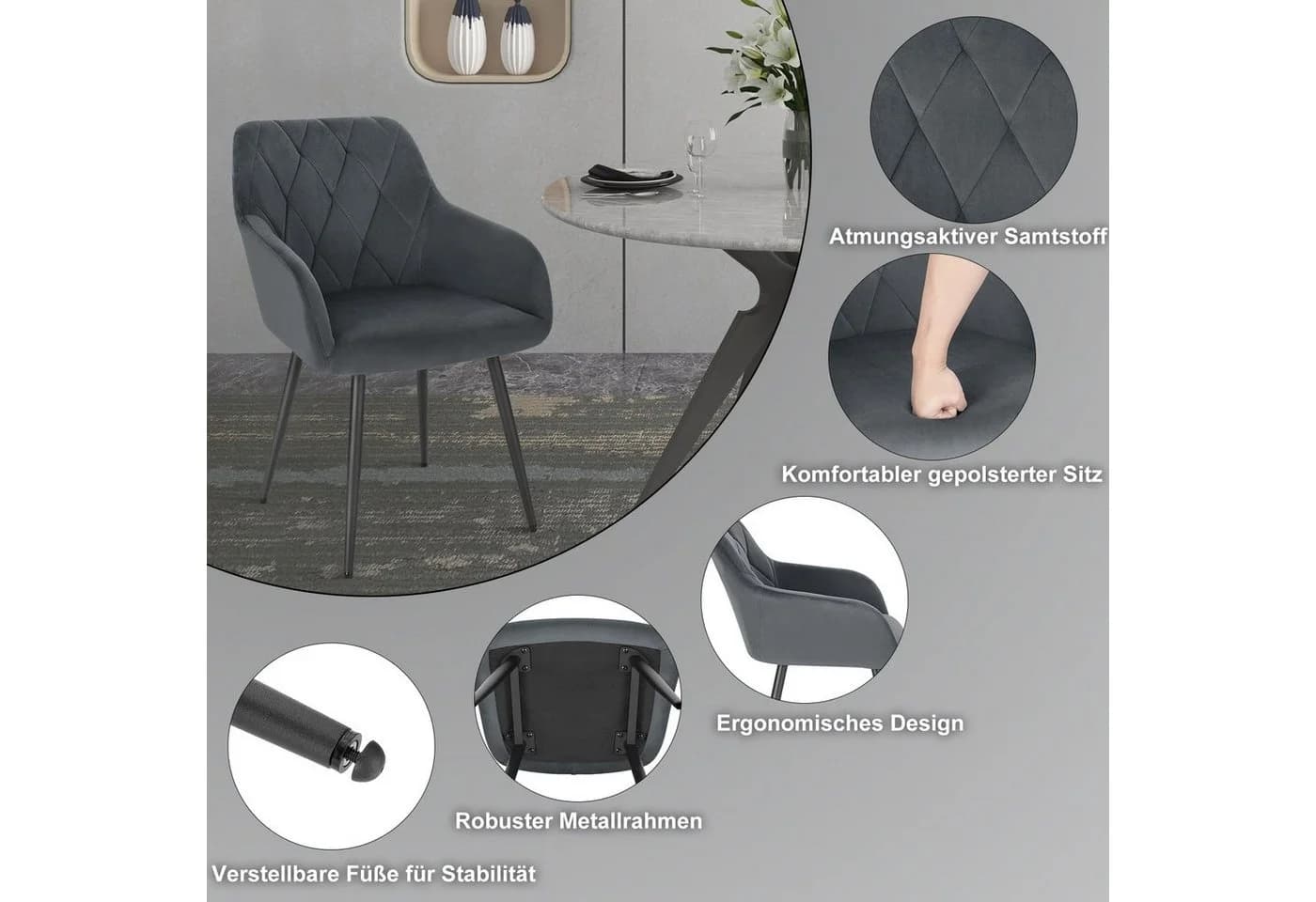 Woltu Esszimmerstuhl 4er Set Samt grau/schwarz mit Armlehne - Bild 4