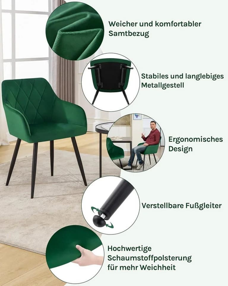 Woltu Esszimmerstuhl 2er Set Samt Metallbeine Grau/Schwarz - Bild 5