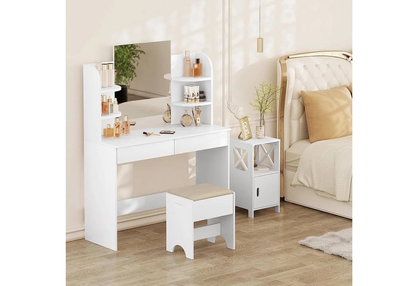 Woltu Polsterhocker Beige/Weiß Leinen 150 kg belastbar