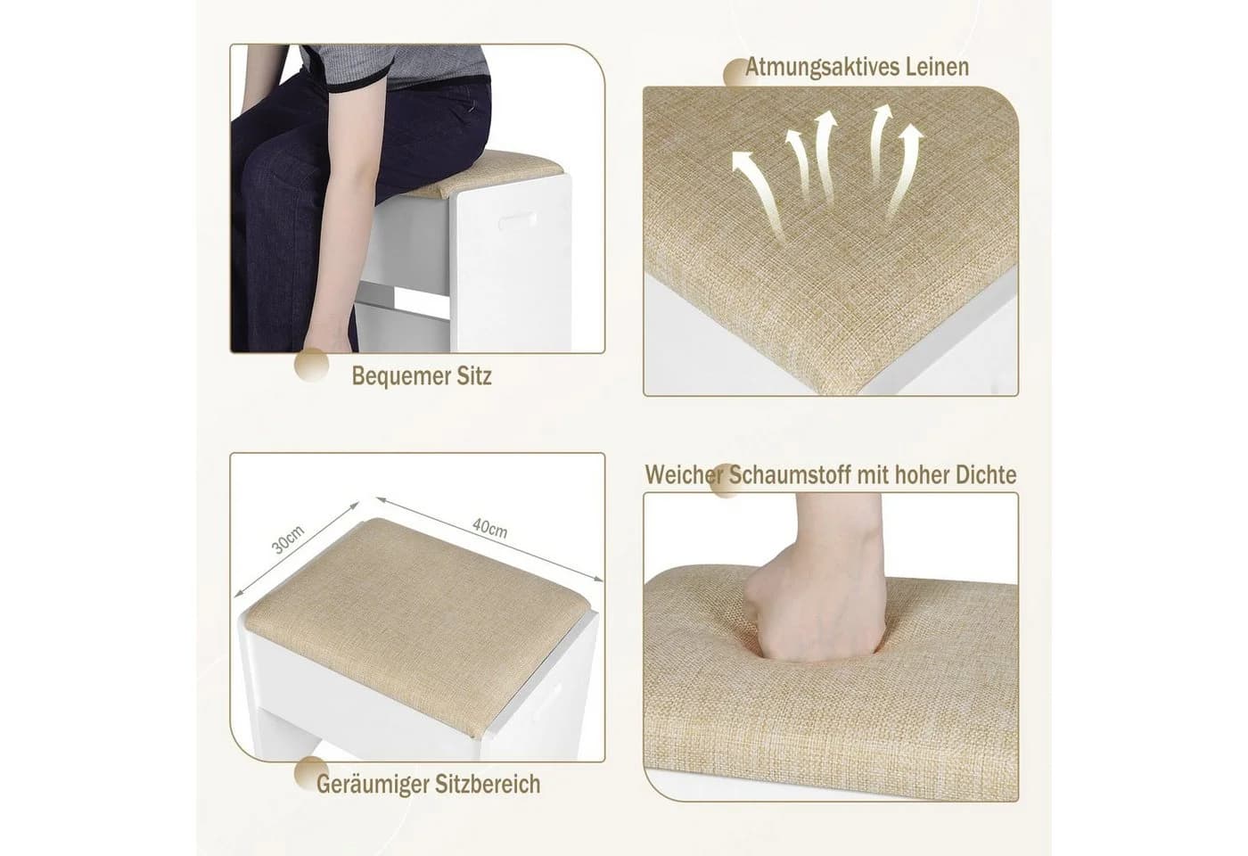 Woltu Polsterhocker Beige/Weiß Leinen 150 kg belastbar - Bild 5