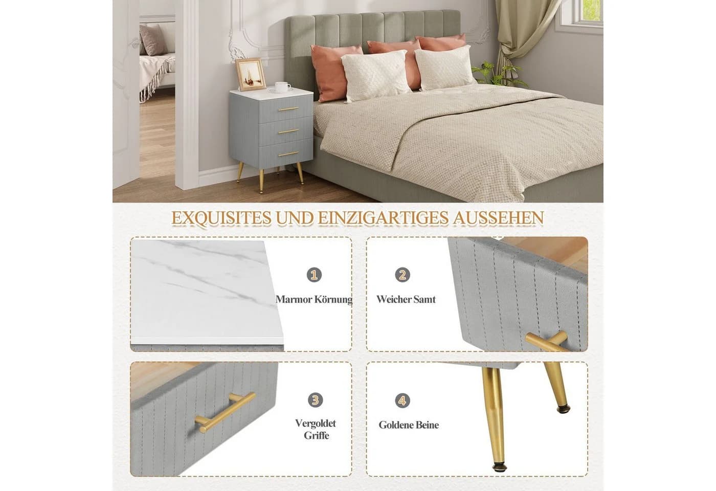 Woltu Nachttisch Grau Gold 3 Schubladen Massivholz - Bild 4