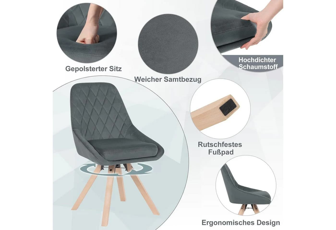 Woltu Esszimmerstuhl 6er Set Drehbar Samt Buchenholz Grau - Bild 4