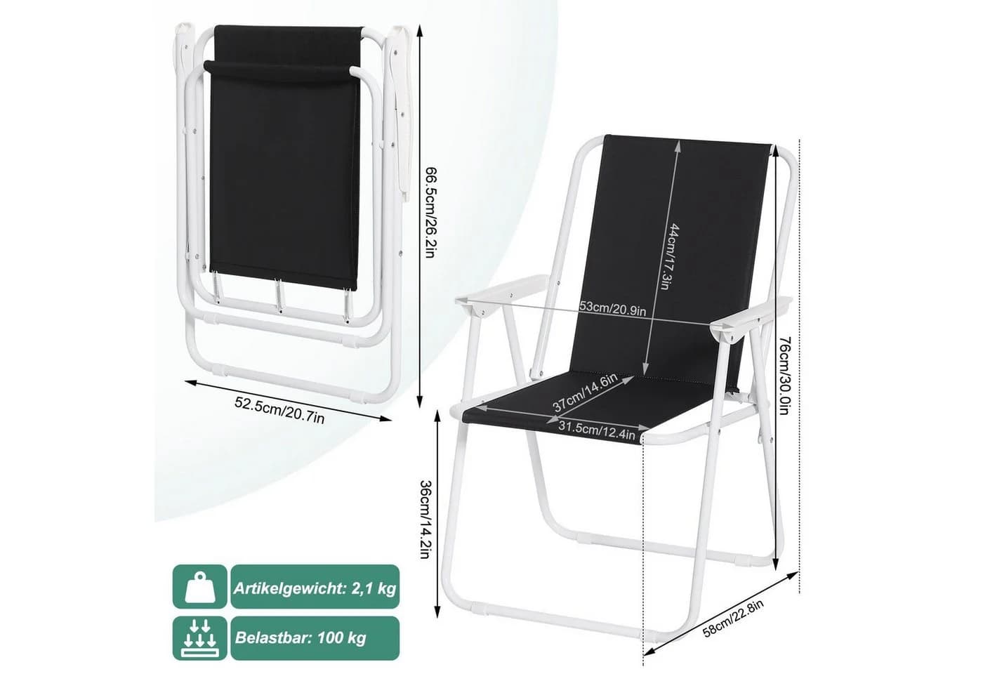 Woltu Campingstuhl 4er-Set Schwarz Klappbar mit Armlehnen - Bild 3