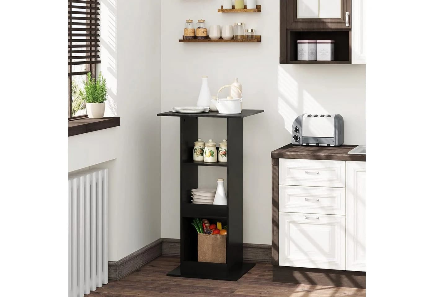Woltu Bartisch mit 3 Regalfächern Schwarz/Weiß/Braun Holzwerkstoff