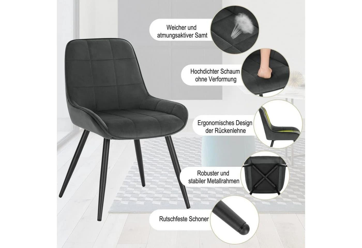 Woltu Küchenstuhl (2 St) Ergonomisch Samt - Bild 4