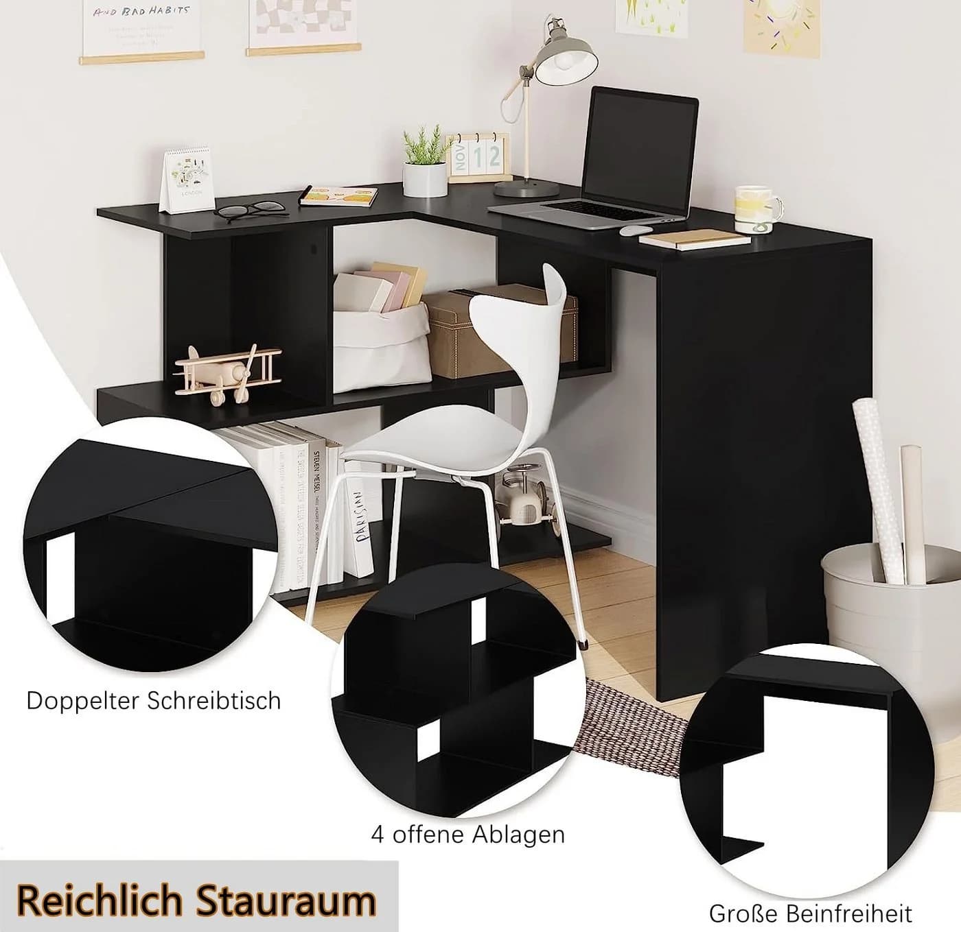 Woltu L-Form Eckschreibtisch 120x100cm mit Ablagen - Bild 5