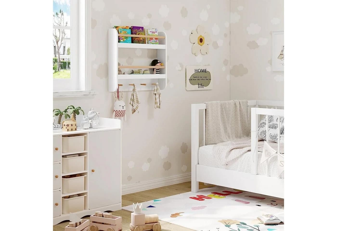 Woltu Kinderregal Weiß mit 2 Ablagen und 4 Haken - Bild 4