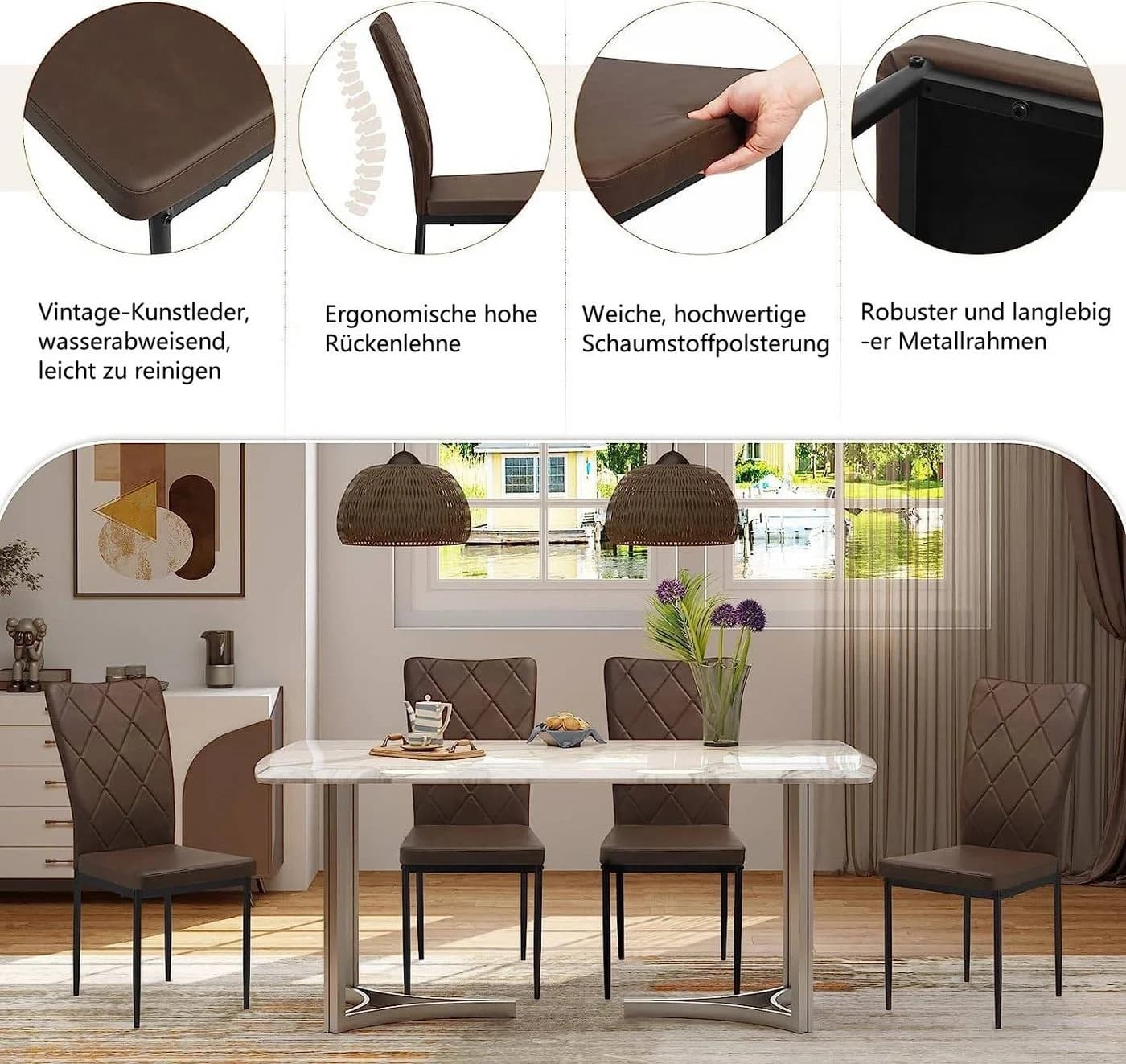 Woltu Esszimmerstuhl Set 4 St. Kunstleder Braun Hohe Rückenlehne - Bild 5