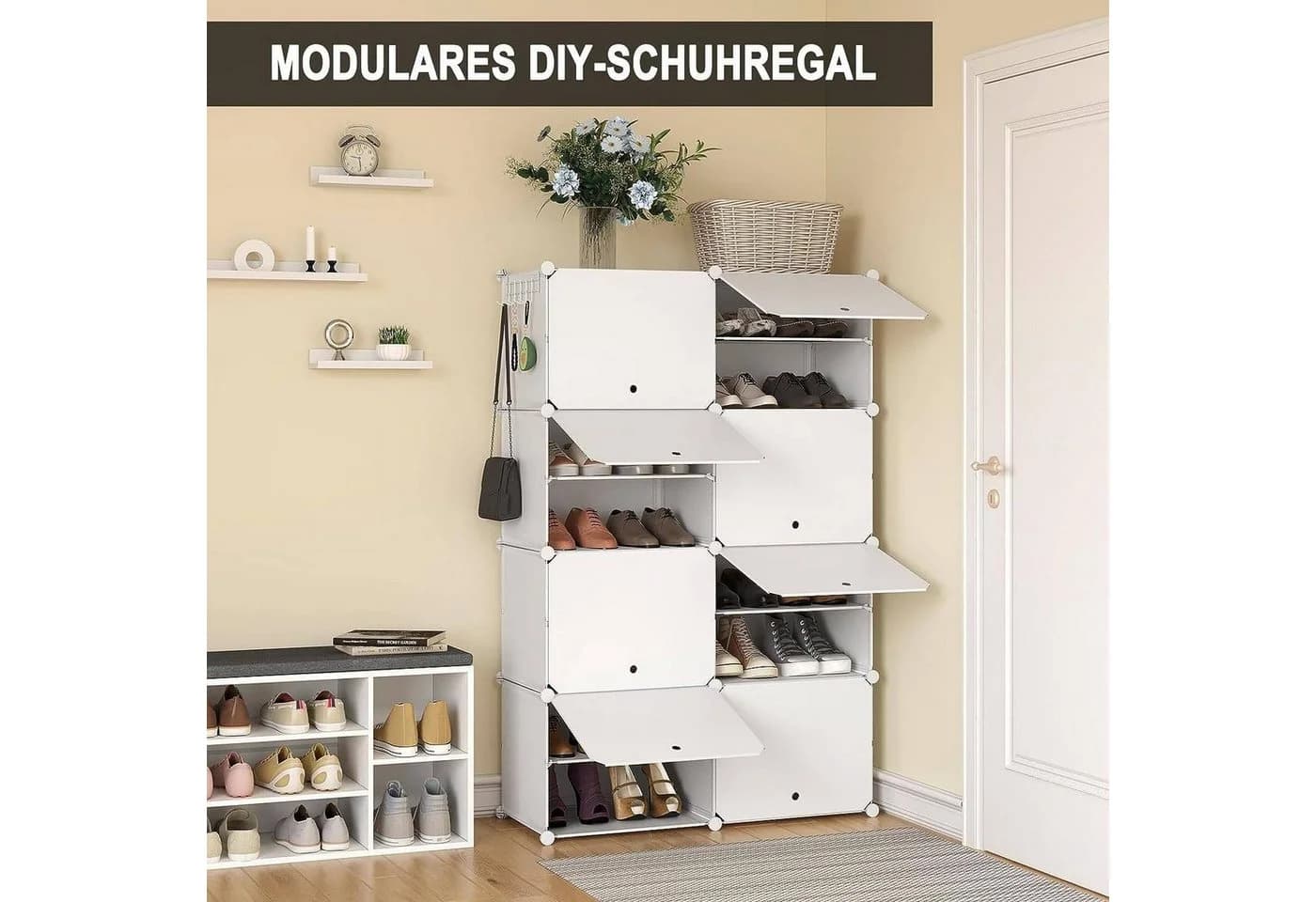 Woltu Schuhregal 8 Fächer Weiß/Schwarz Kunststoff Metall