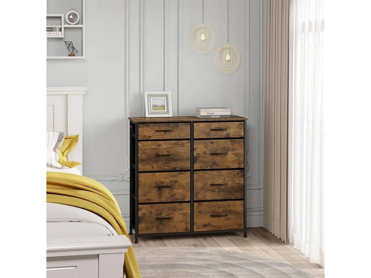Woltu Kommode mit 8 Stoffschubladen Vintage-Holzoptik Schwarz