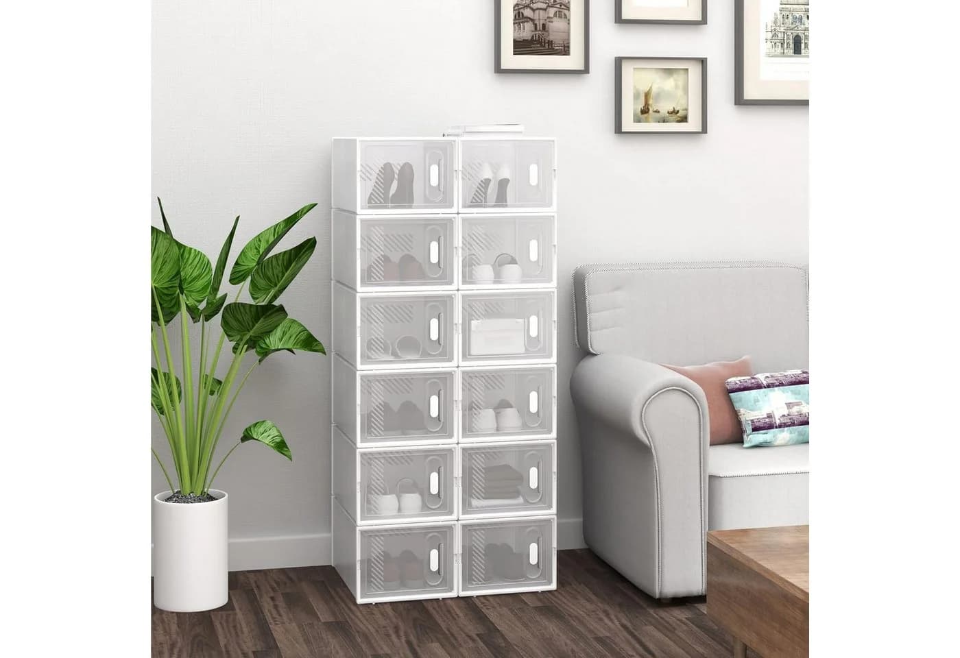 Woltu Schuhregal 12-tlg. Transparent/Weiß Kunststoff Stapelbar