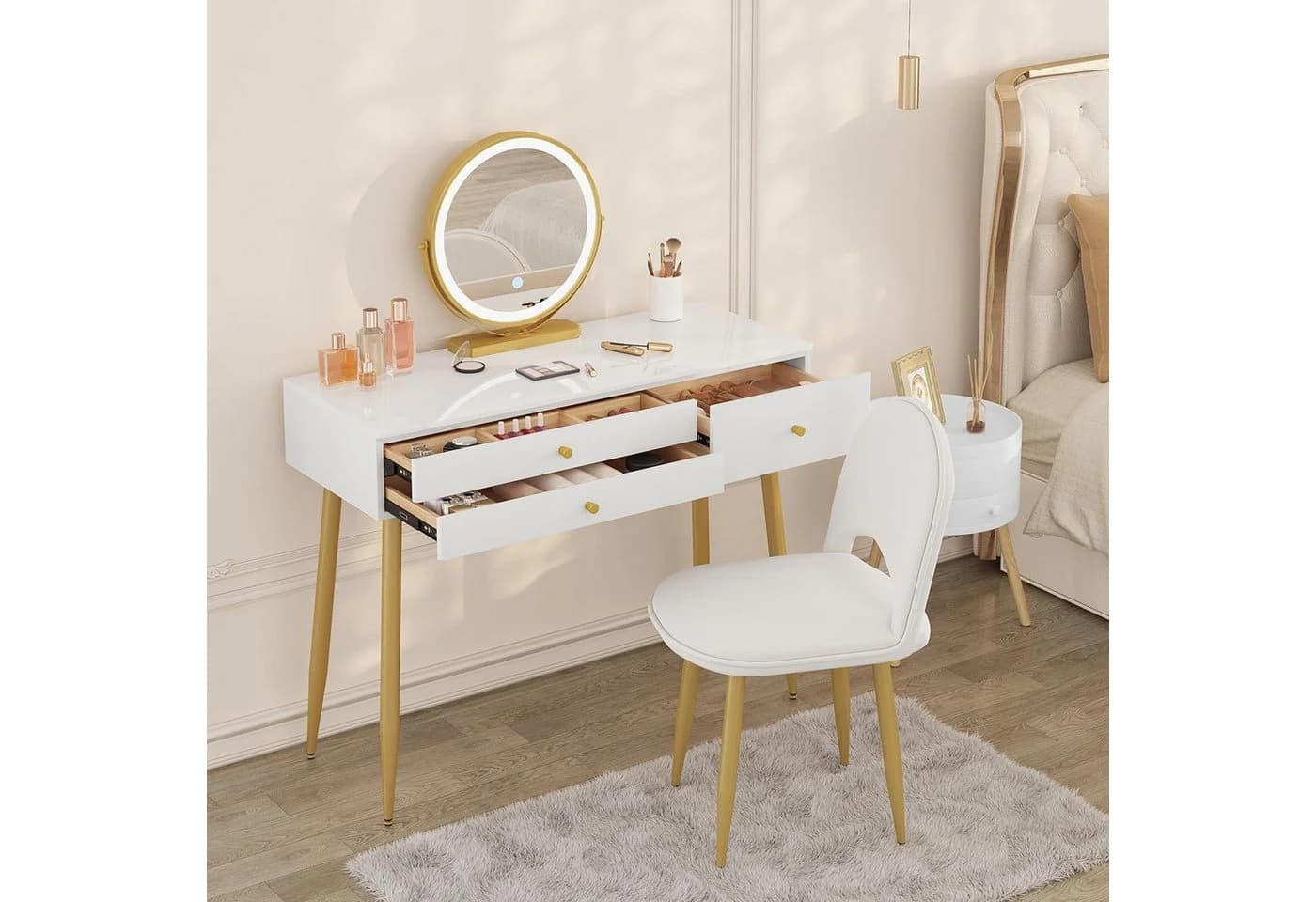 Woltu Schminktisch mit LED-Spiegel und Samthocker Creme/Gold