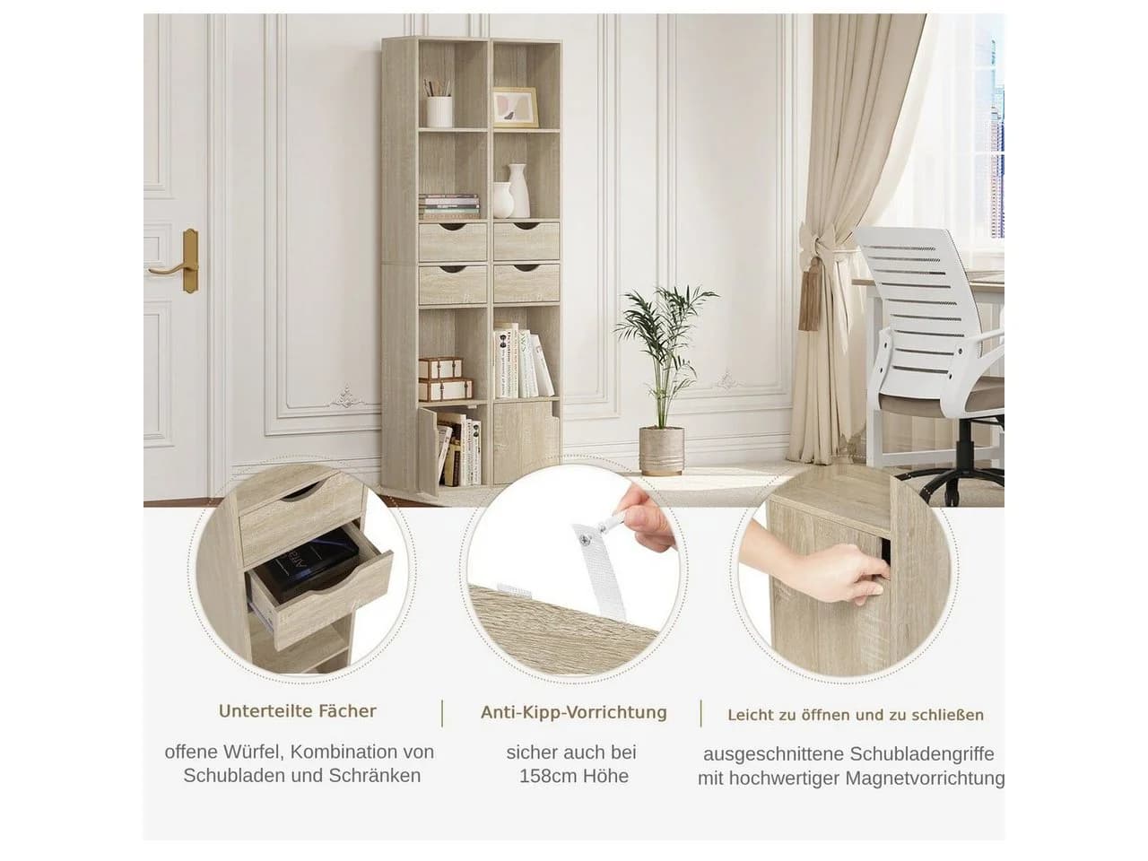 Woltu Bücherregal Weiß/Helle Eiche mit Schubladen und Tür - Bild 4
