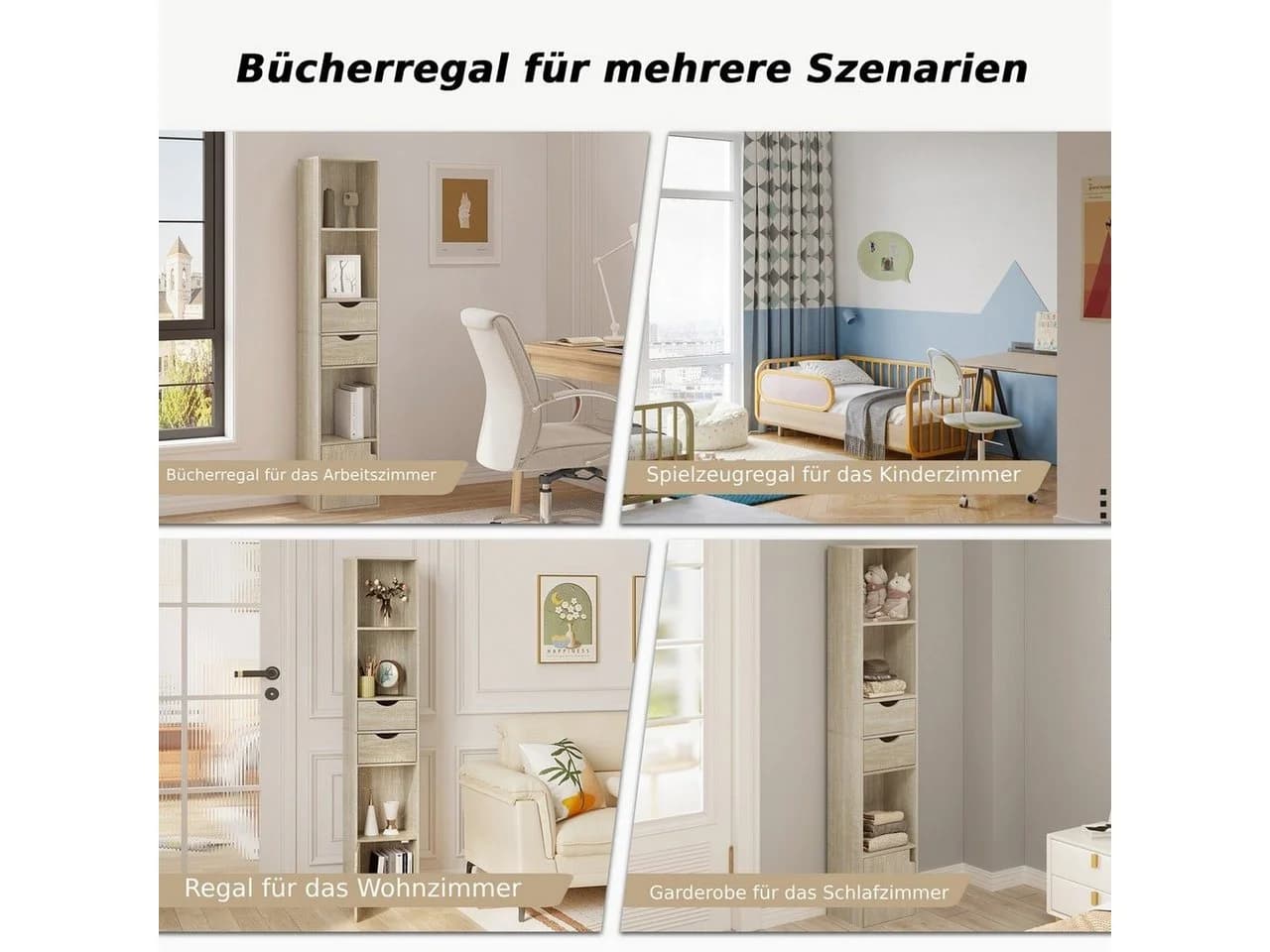Woltu Bücherregal Weiß/Helle Eiche mit Schubladen und Tür - Bild 5
