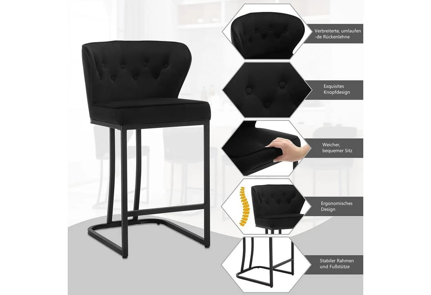 Woltu Barhocker 2er Set Samtbezug Metall Schwarz/Grau - Bild 4