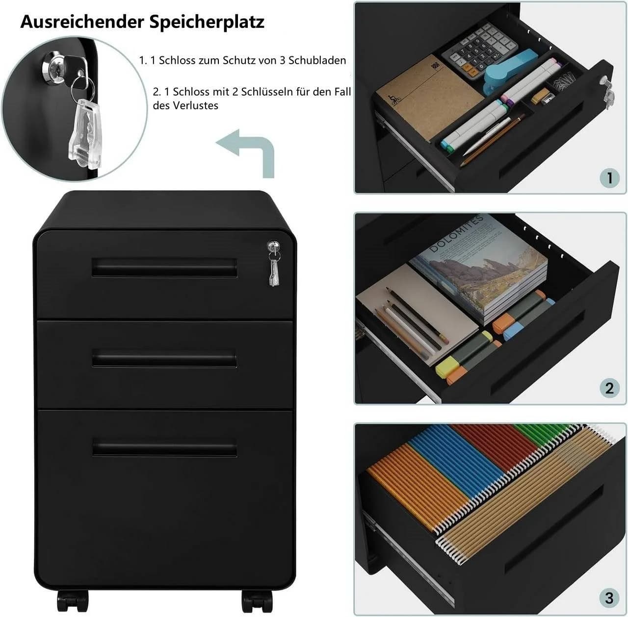 Woltu Rollcontainer Aktenschrank 3 Schubladen Schwarz/Weiß - Bild 4