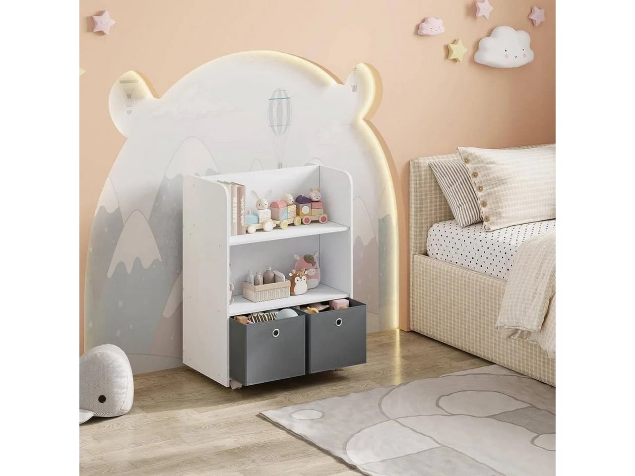 Woltu Kinderregal 2-in-1 Bücherregal mit Boxen auf Rollen Weiß