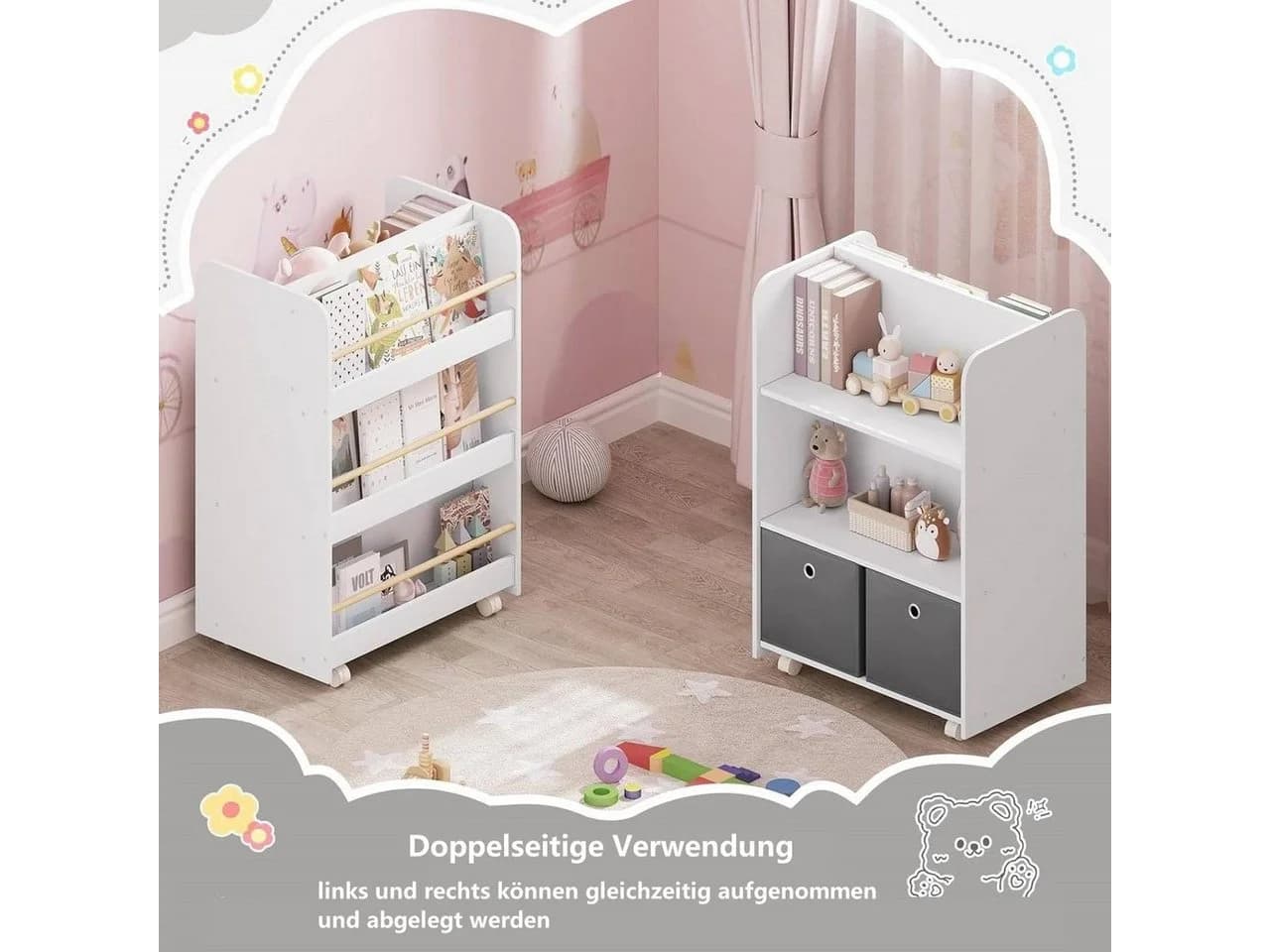 Woltu Kinderregal 2-in-1 Bücherregal mit Boxen auf Rollen Weiß - Bild 4