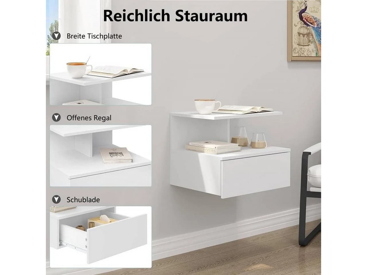 Woltu Nachttisch 2-St. Set Wandregal mit Schublade Weiß - Bild 4