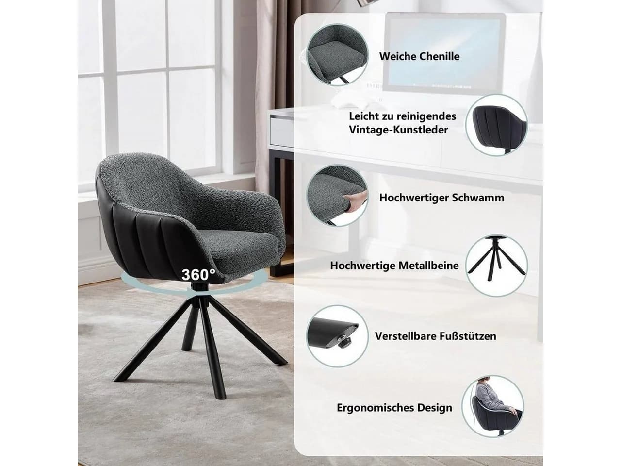 Woltu Polsterstuhl Esszimmer drehbar Dunkelgrau - Bild 4