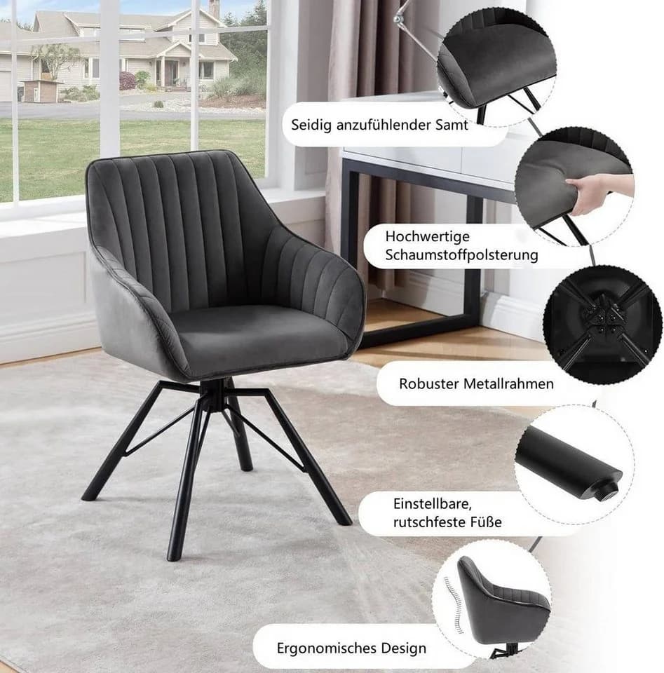 Woltu 4-Fußstuhl Set Drehbar Samt Sessel Grau - Bild 5