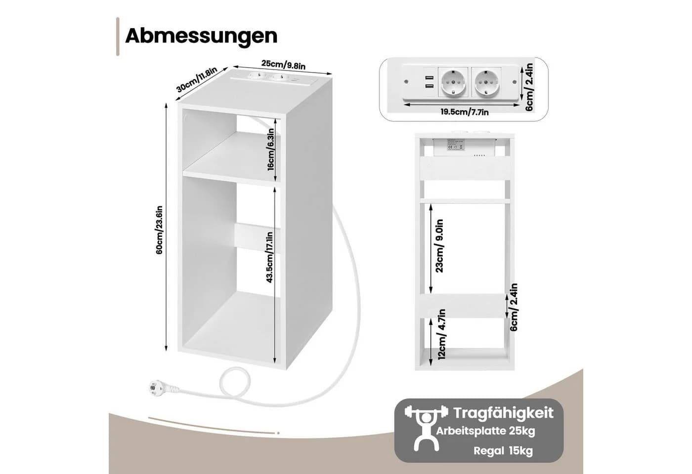 Woltu Nachttisch mit Ladefunktion Weiß Modern - Bild 3