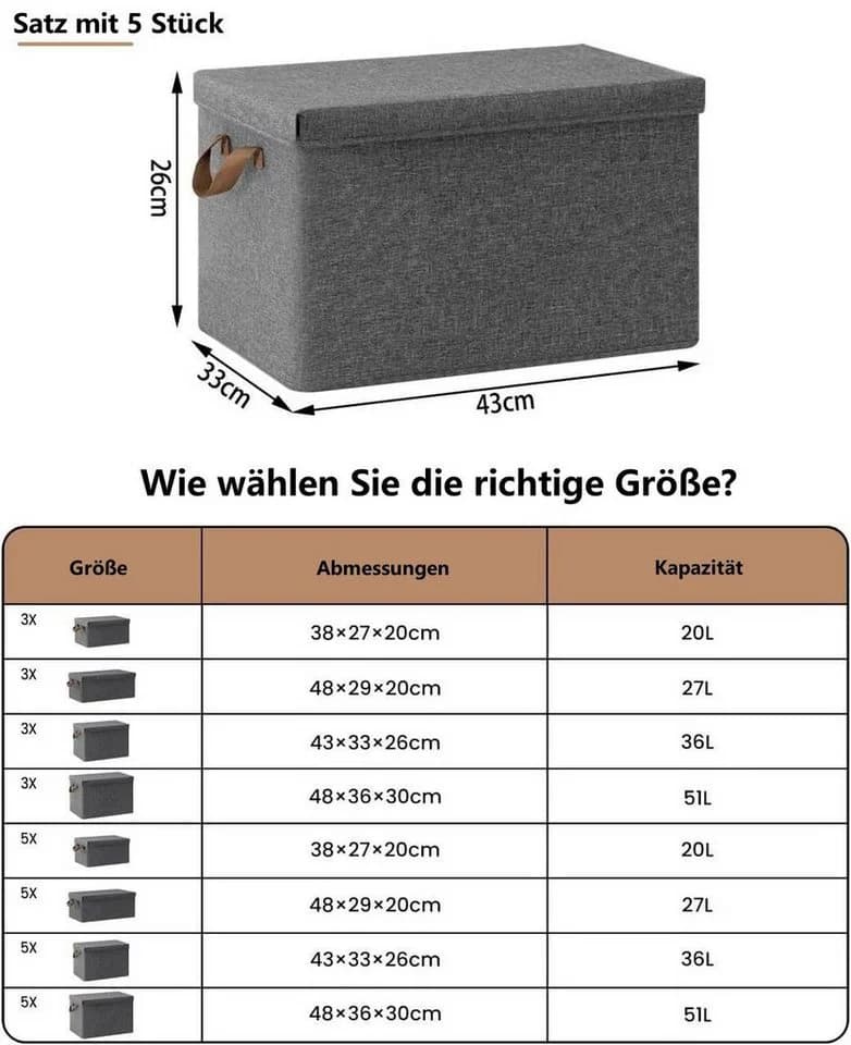 Woltu Aufbewahrungsbox Set 5 St. Grau Mit Deckel Faltbar - Bild 3