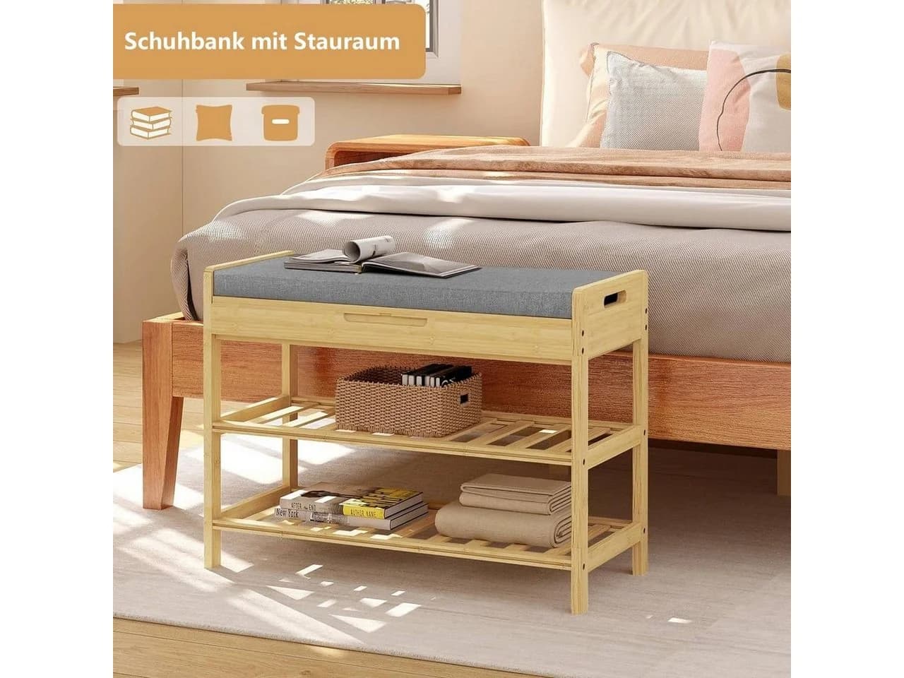 Woltu Schuhregal mit Sitzbank Bambus
