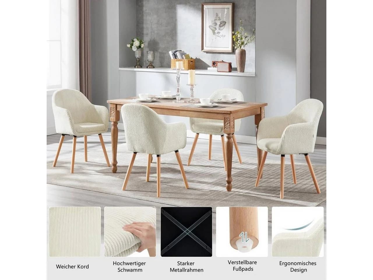 Woltu Esszimmerstuhl 2er Set mit Armlehnen Cord Beige